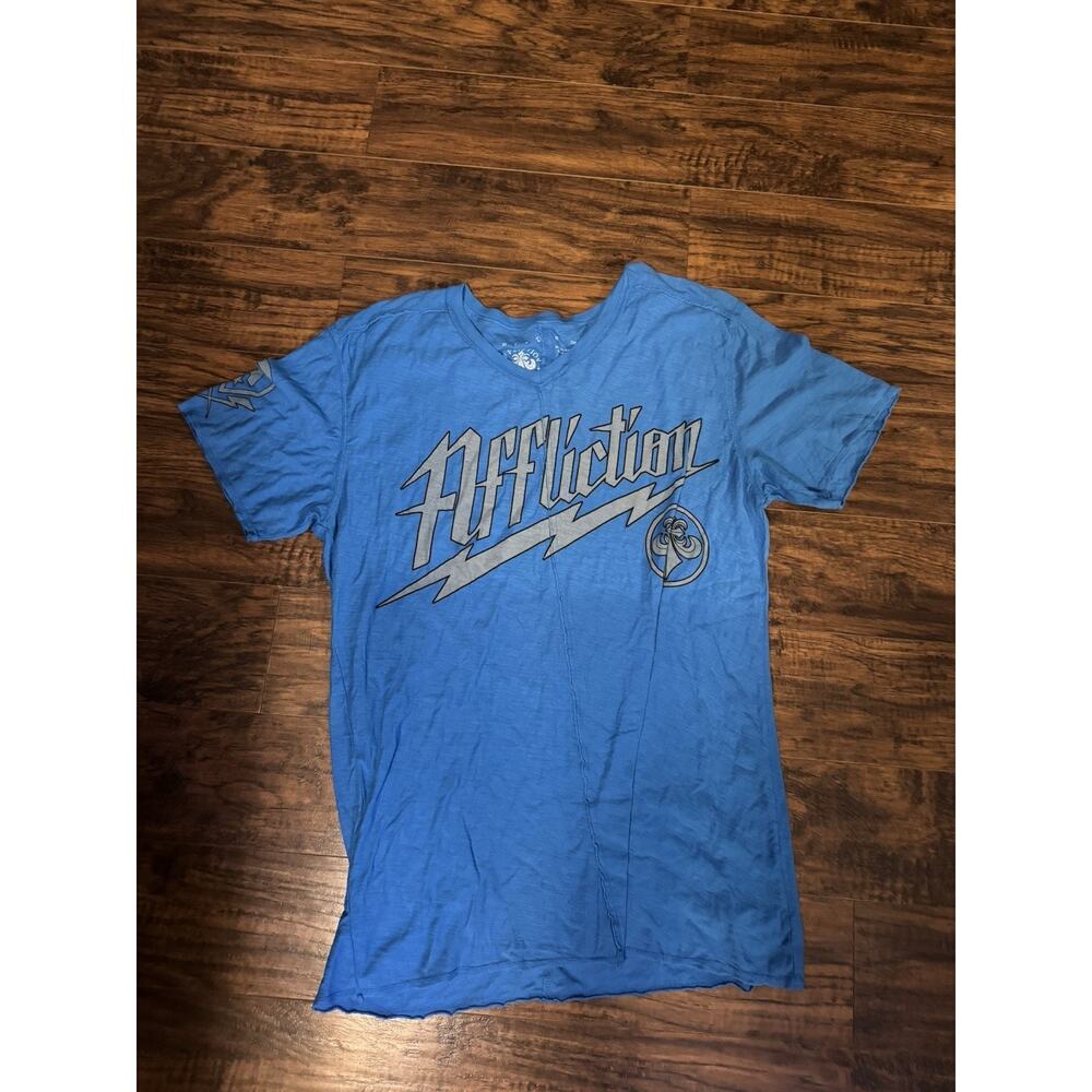 Affliction Shirt Mens 2XL Blue Vtg Y2K Mall Cyber Goth MMA V-Neck